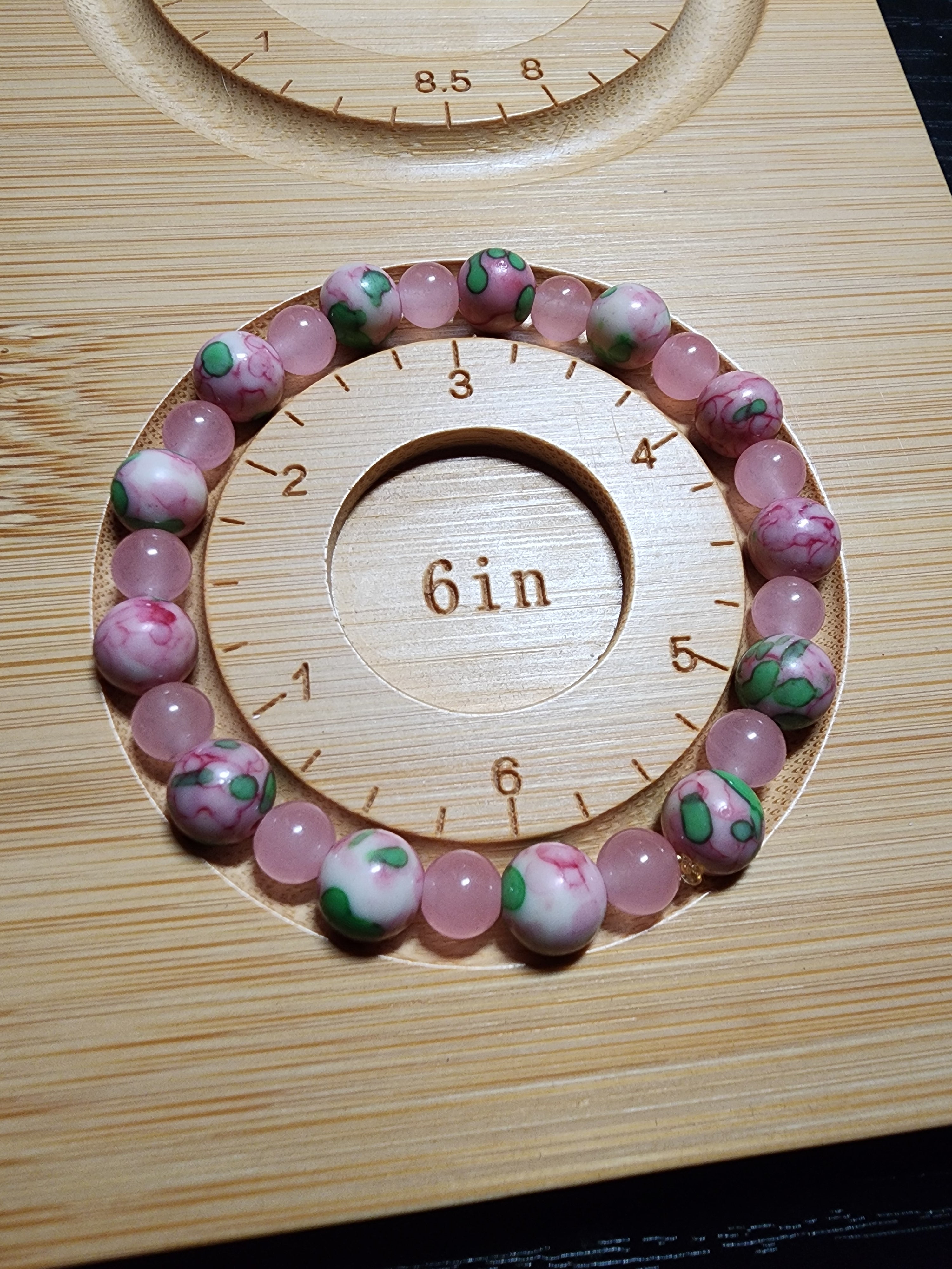 6" Rain Flower Jade with Strawberry Agate Spacer Beaded Elastic Bracelet