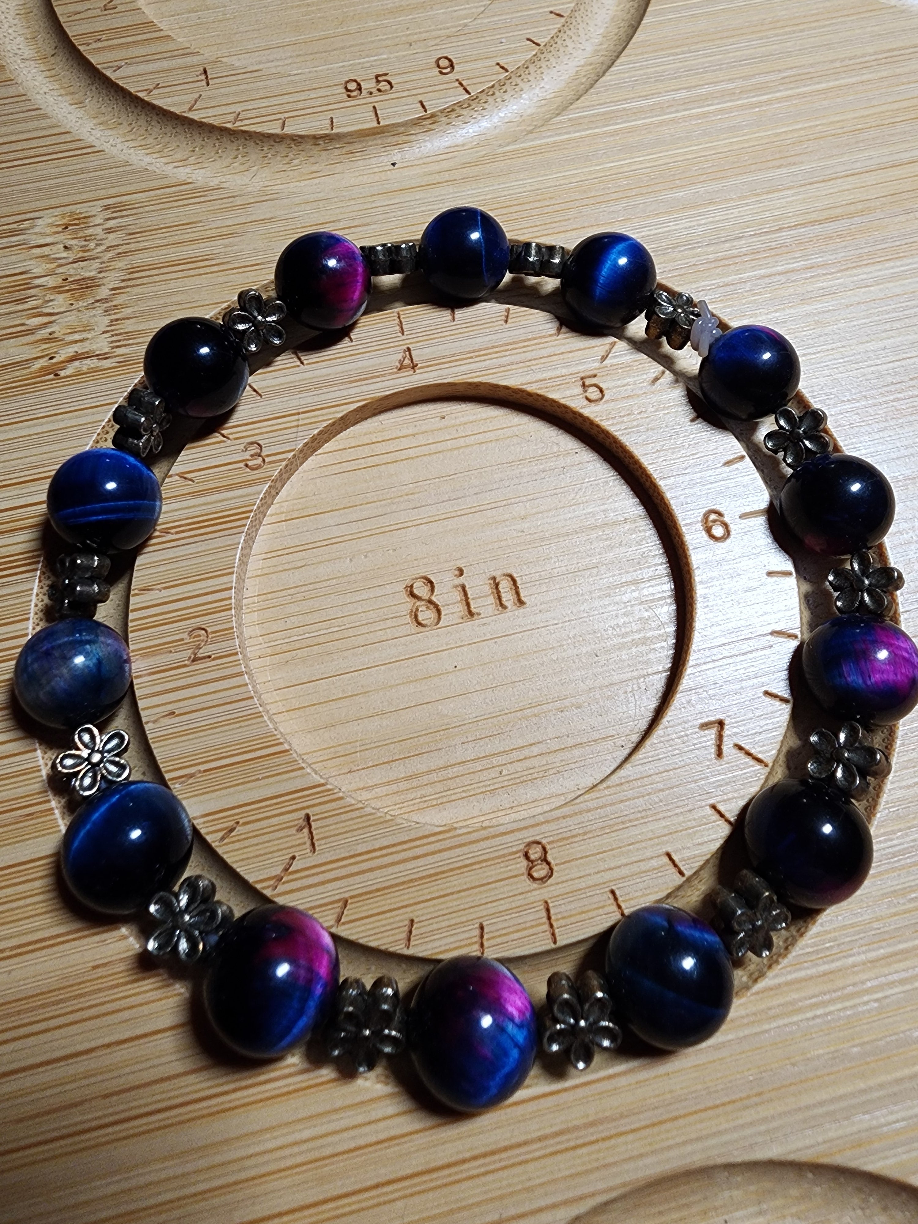 8" Rainbow Galaxy Tiger's Eye Elastic Bracelet with Tiny Metallic Floral Shaped Spacer Beads